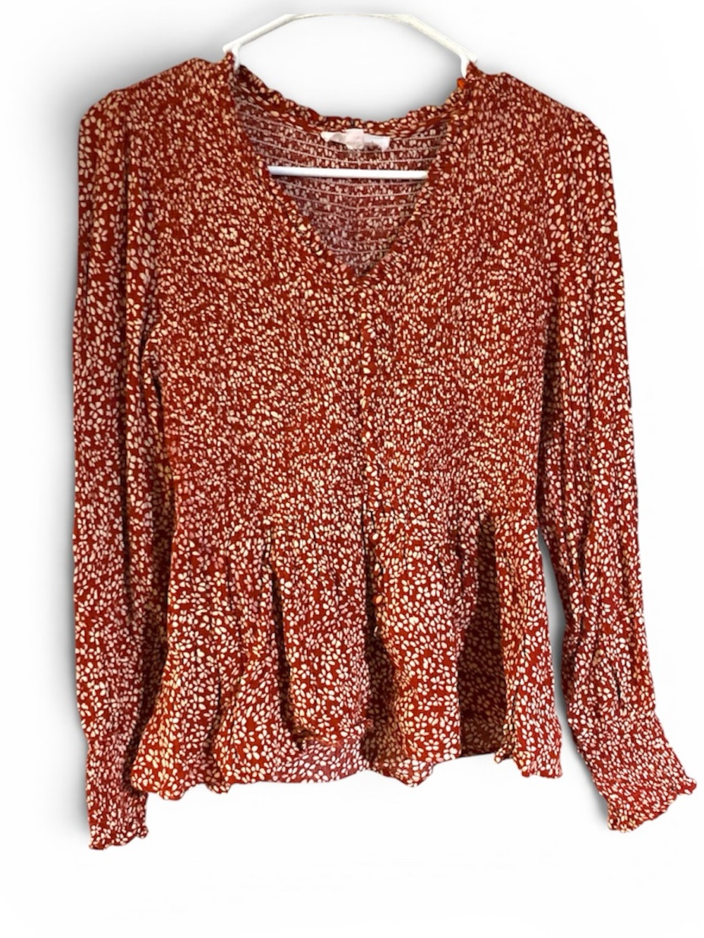 THML Cottagecore Top Women’s Small Red Floral Long Sleeve Stretchy Smocked